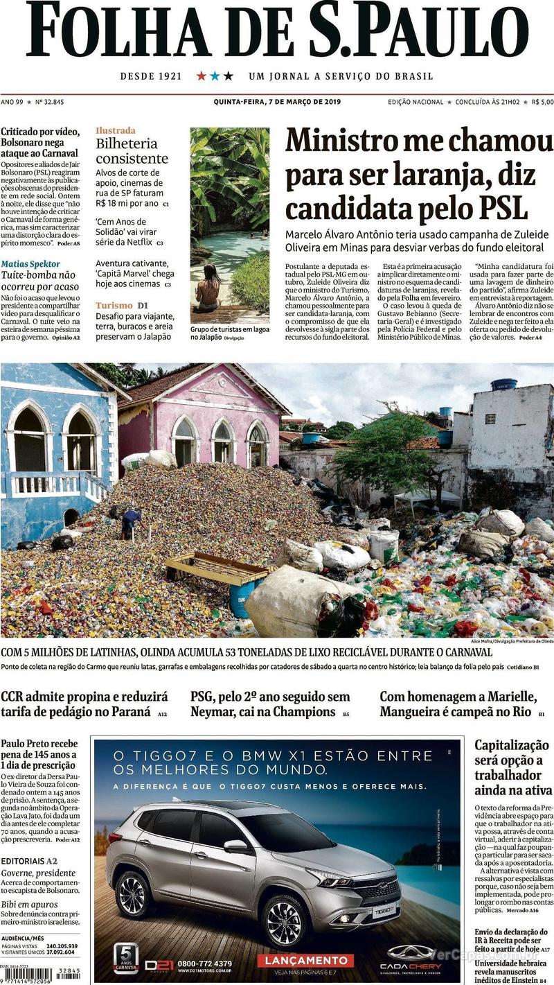 Capa Folha de S.Paulo 2019-03-07
