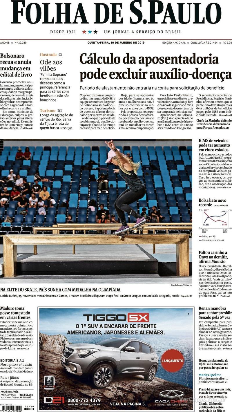 Capa Folha de S.Paulo 2019-01-10