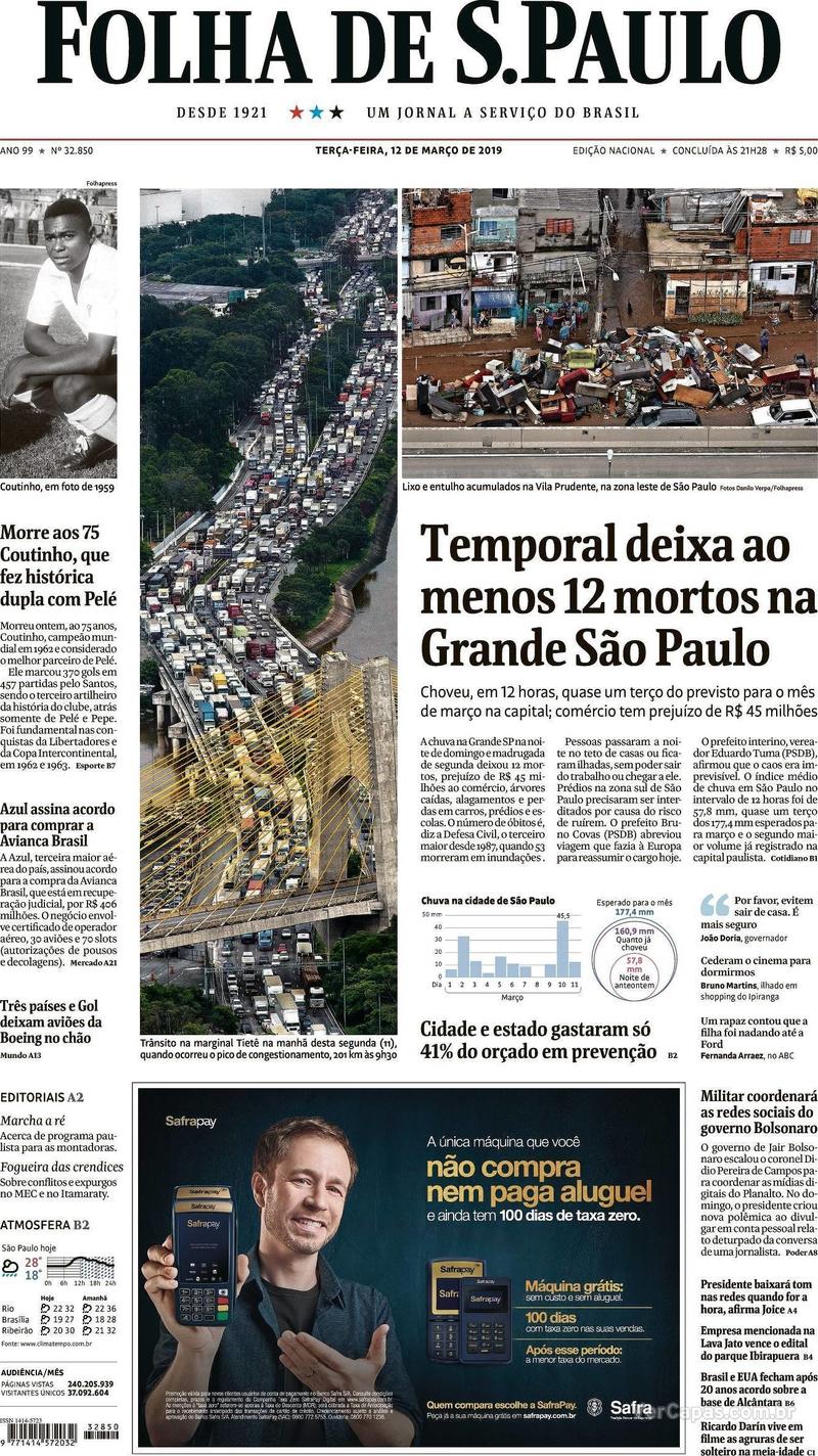 Capa Folha de S.Paulo 2019-03-12