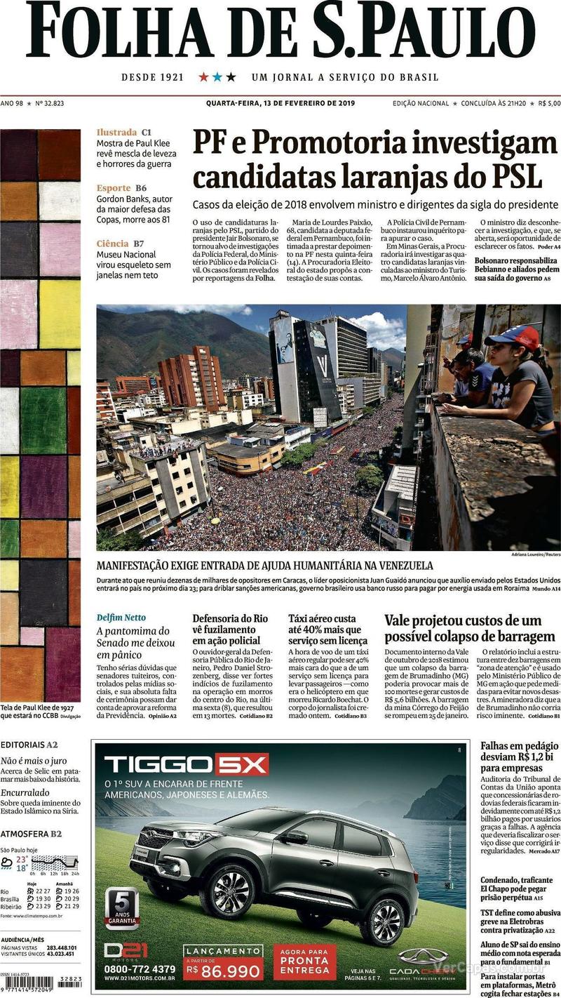 Capa Folha de S.Paulo 2019-02-13