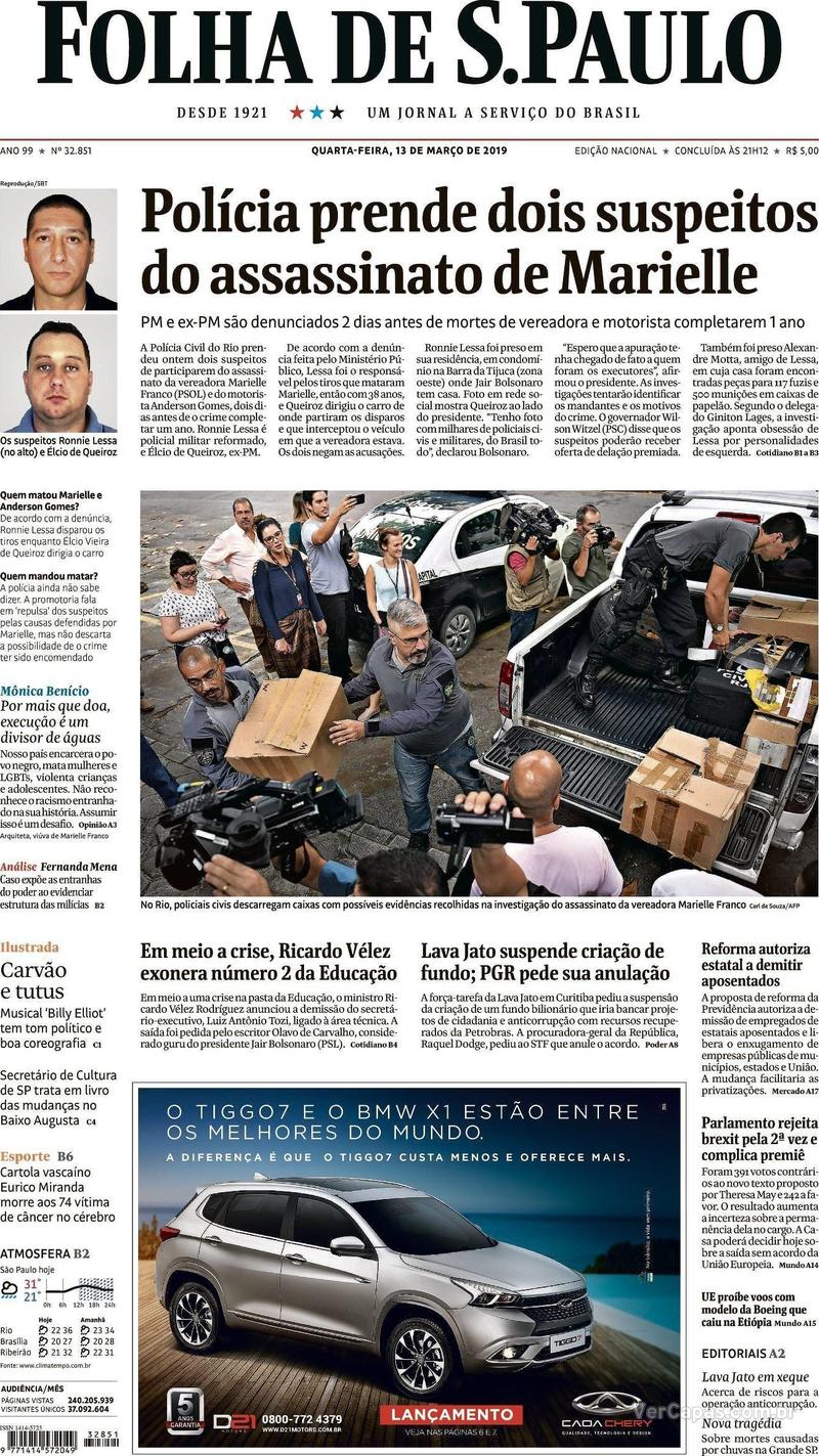 Capa Folha de S.Paulo 2019-03-13
