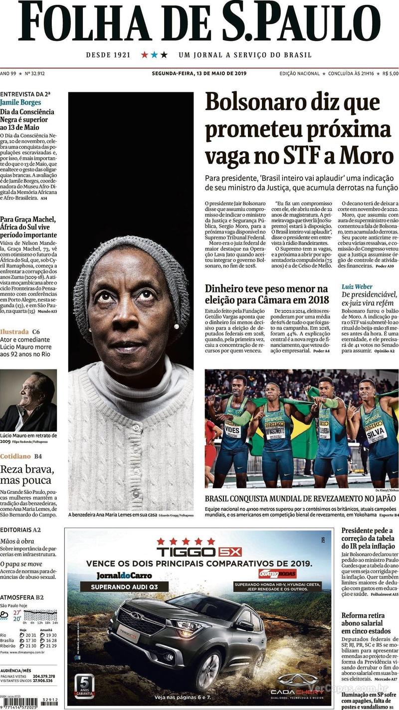 Capa Folha de S.Paulo 2019-05-13