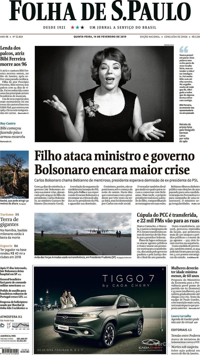 Capa Folha de S.Paulo 2019-02-14