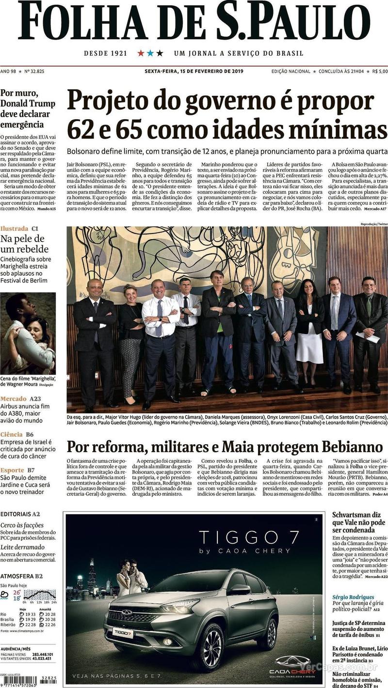 Capa Folha de S.Paulo 2019-02-15