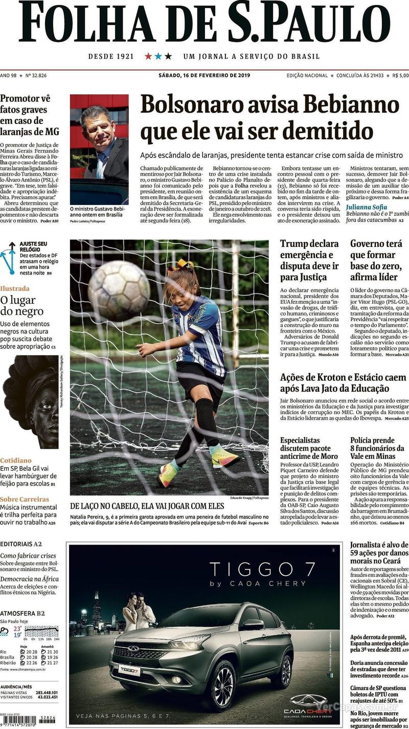 Capa Folha de S.Paulo 2019-02-16