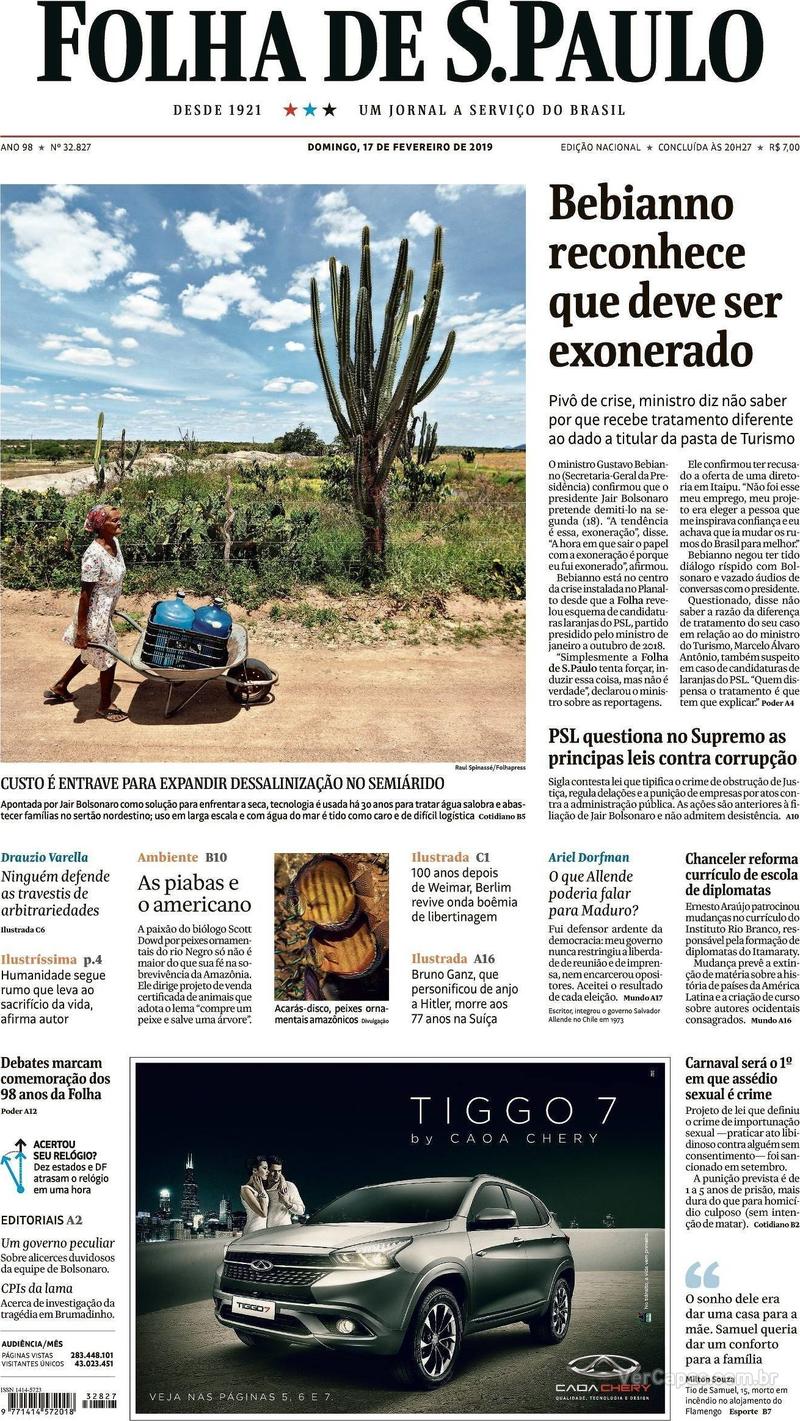 Capa Folha de S.Paulo 2019-02-17