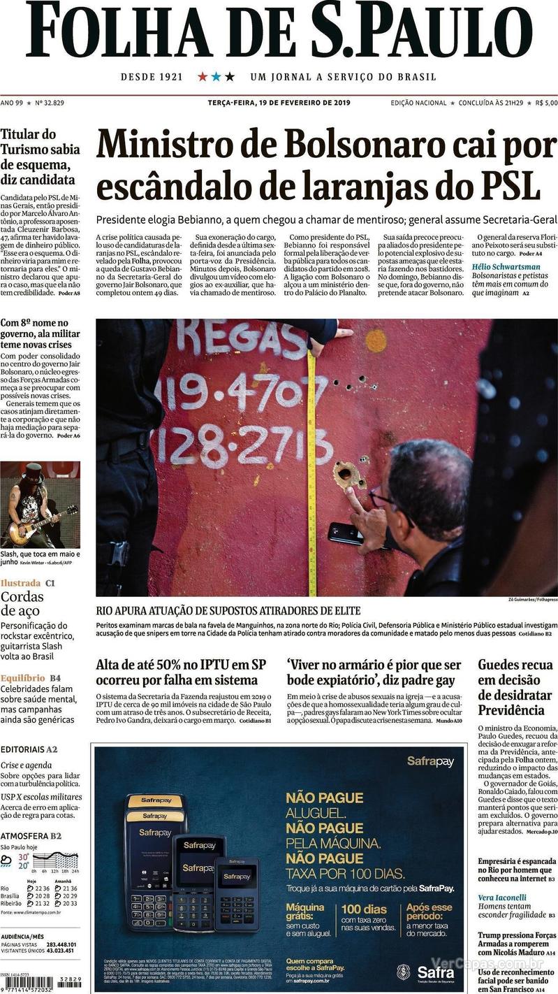 Capa Folha de S.Paulo 2019-02-19