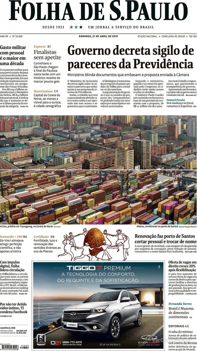 Capa Folha de S.Paulo 2019-04-21