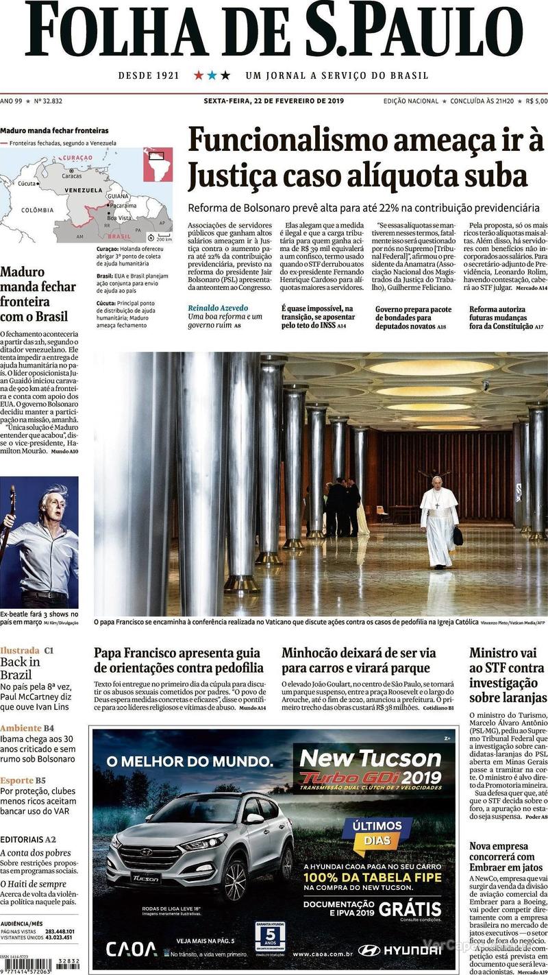 Capa Folha de S.Paulo 2019-02-22