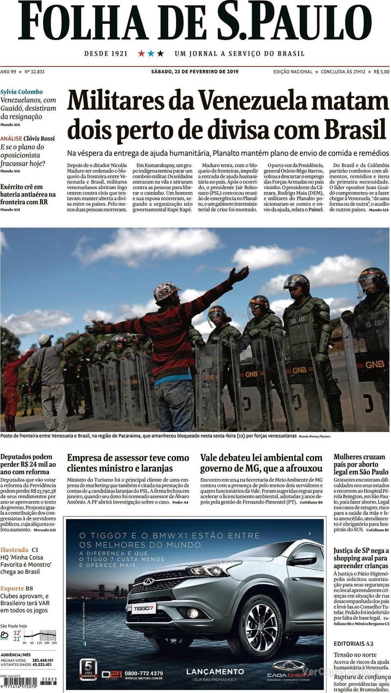 Capa Folha de S.Paulo 2019-02-23