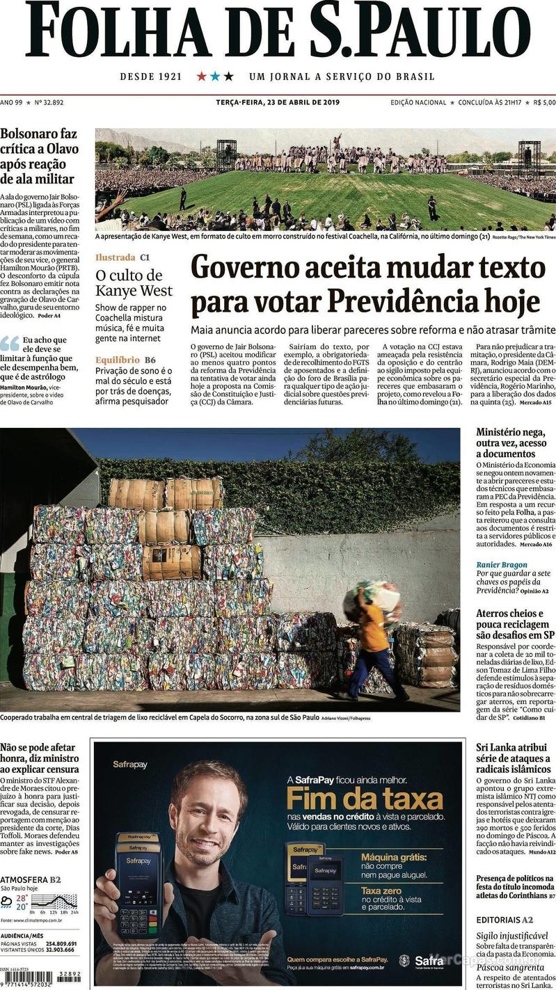 Capa Folha de S.Paulo 2019-04-23