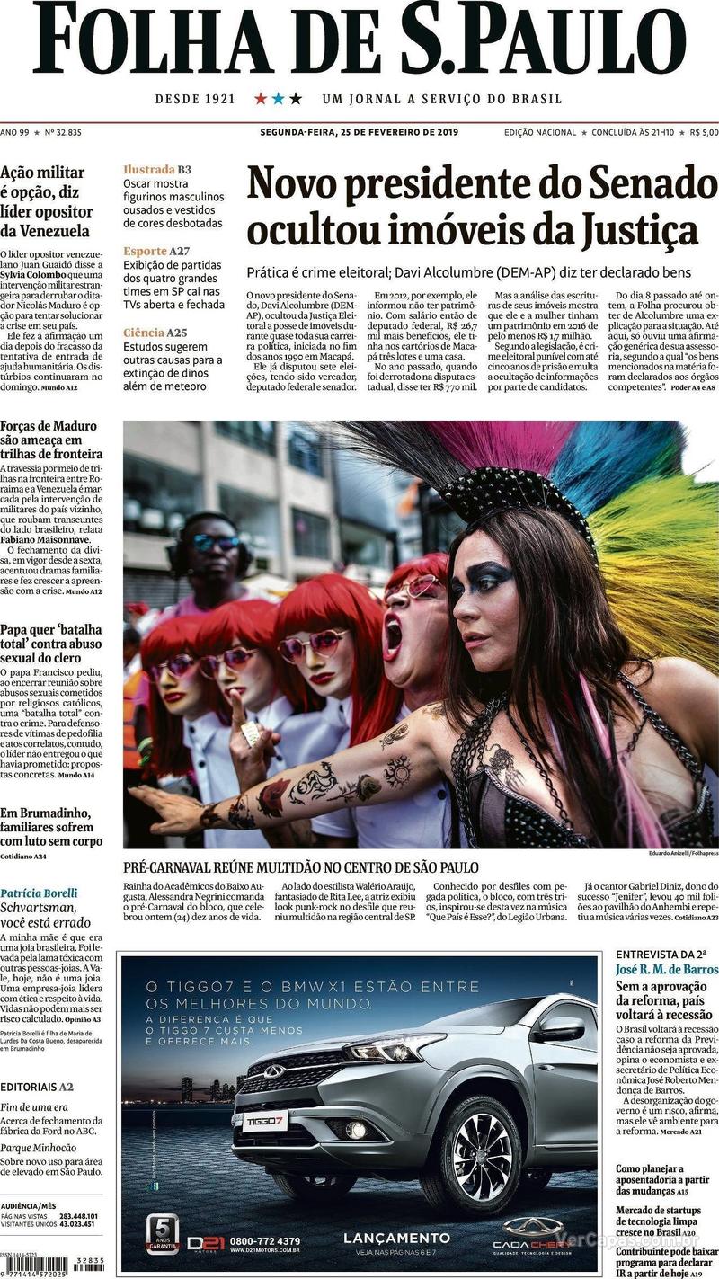 Capa Folha de S.Paulo 2019-02-25