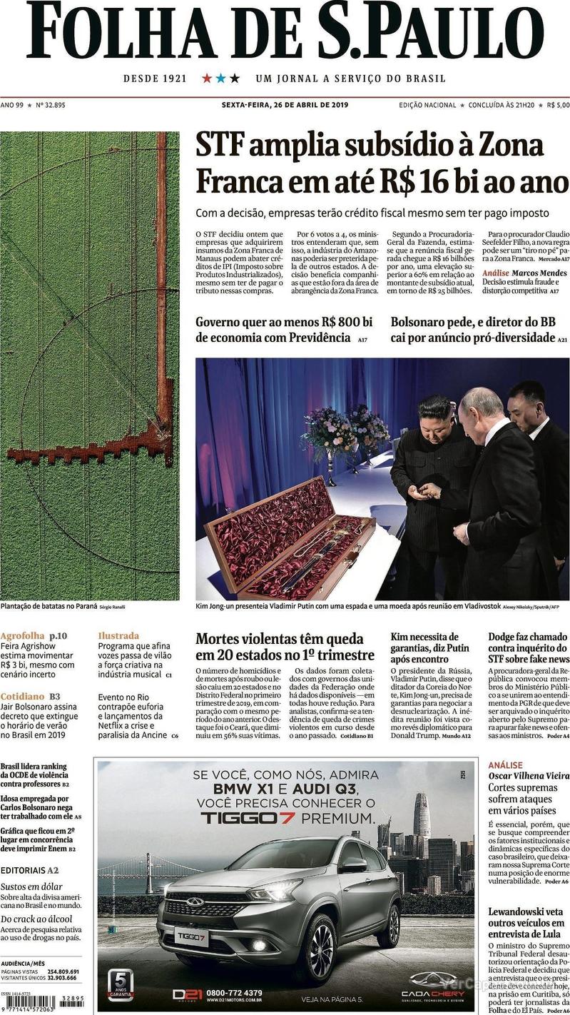 Capa Folha de S.Paulo 2019-04-26