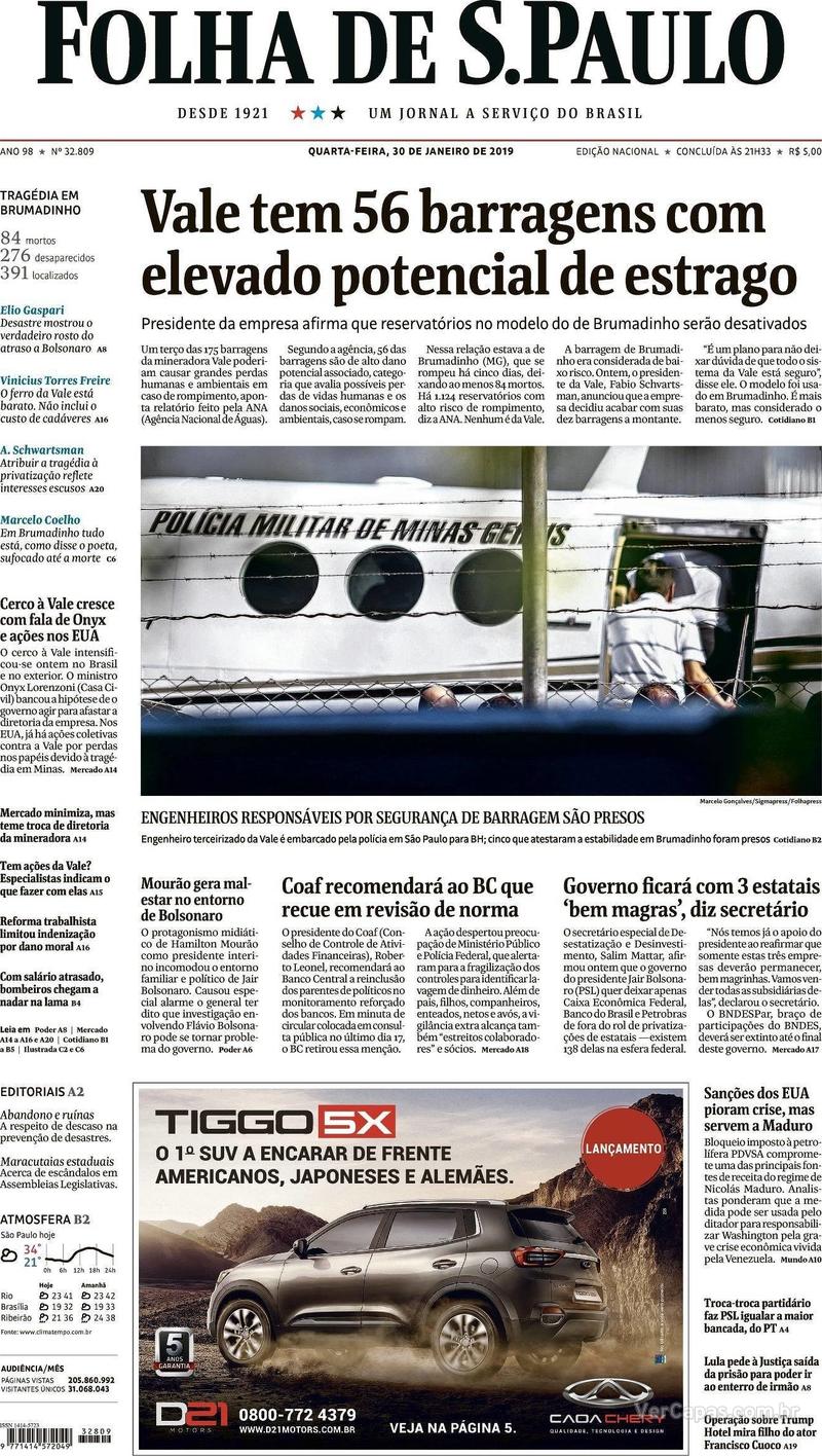 Capa Folha de S.Paulo 2019-01-30