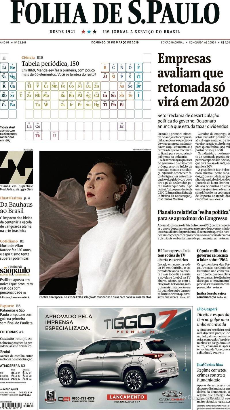 Capa Folha de S.Paulo 2019-03-31