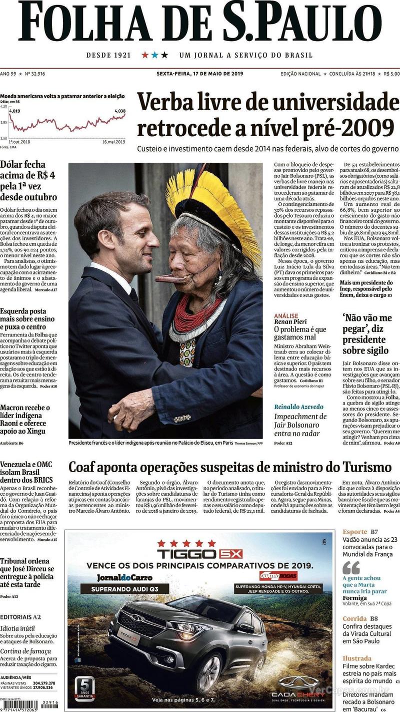 Capa jornal Folha de S.Paulo 17/05/2019