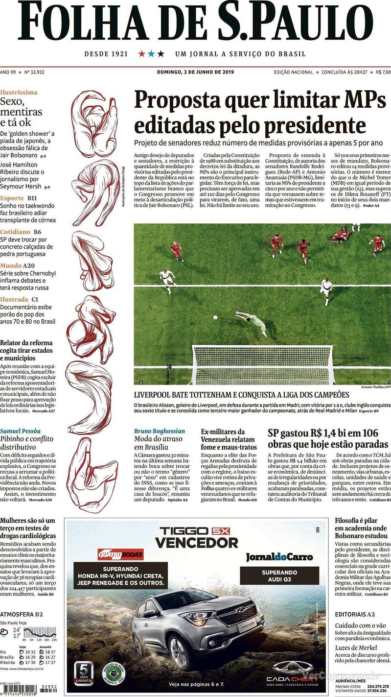 Capa jornal Folha de S.Paulo 02/06/2019