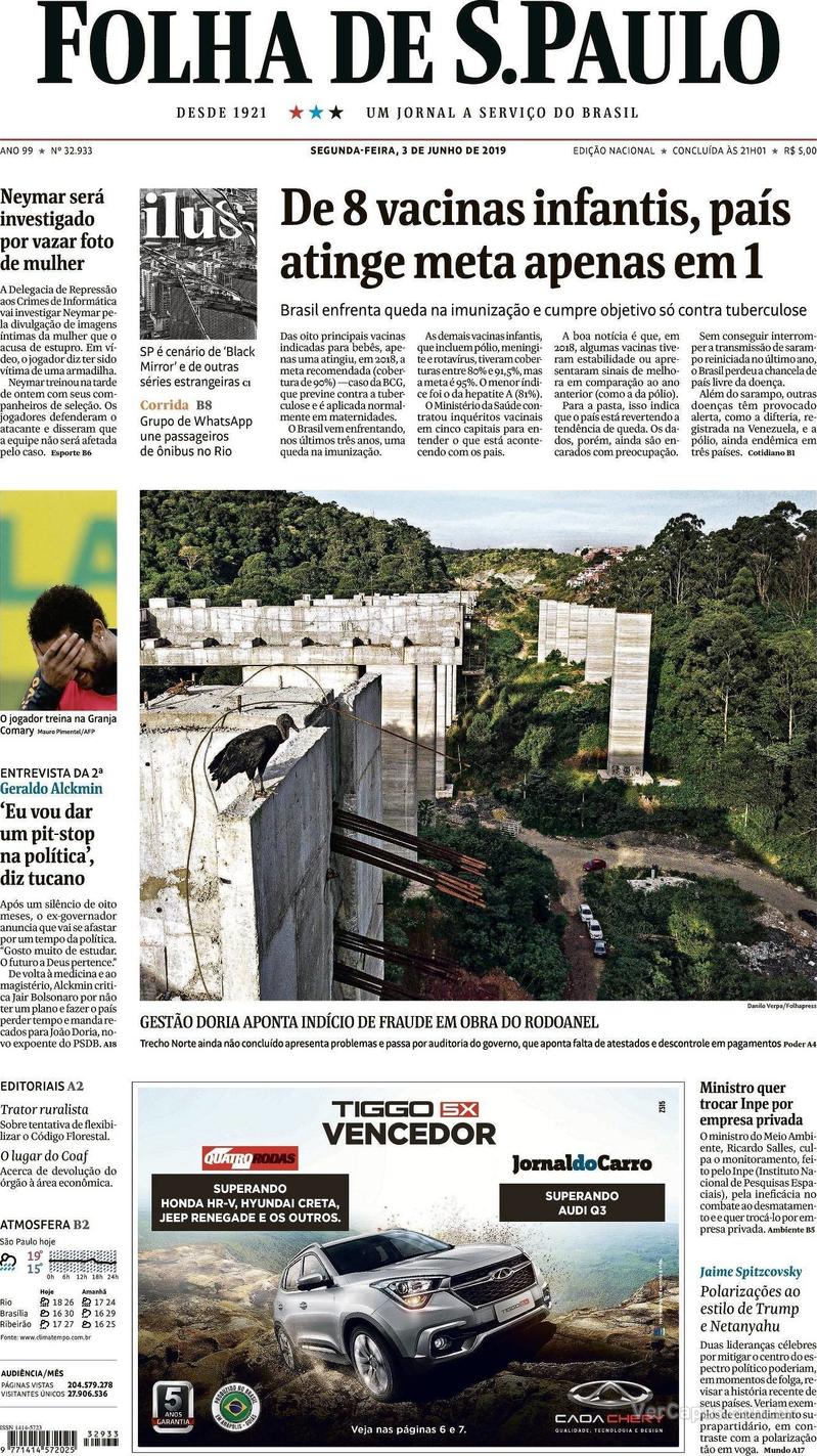 Capa jornal Folha de S.Paulo 03/06/2019