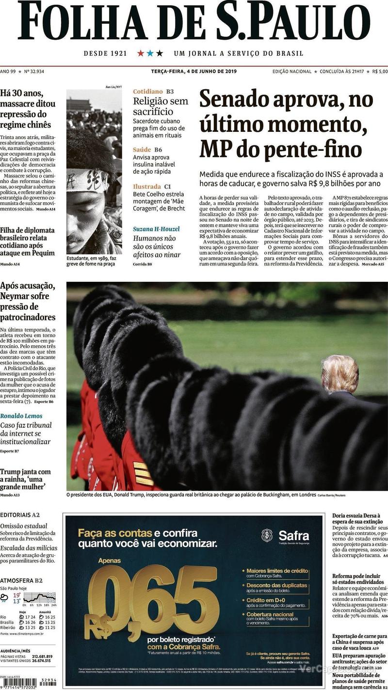 Capa jornal Folha de S.Paulo 04/06/2019