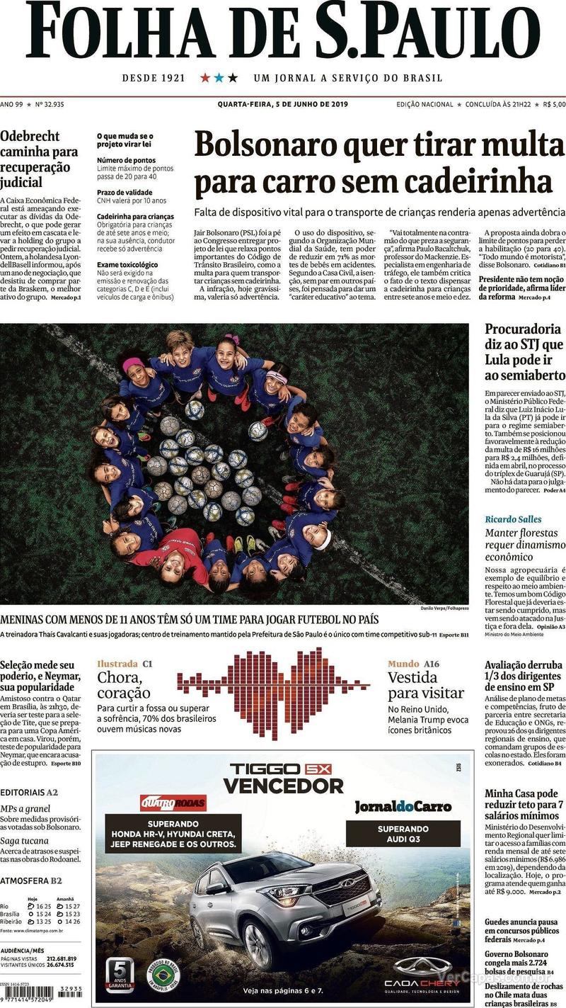 Capa jornal Folha de S.Paulo 05/06/2019