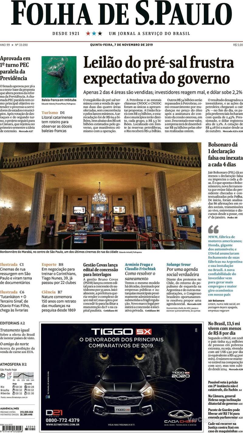 Capa jornal Folha de S.Paulo