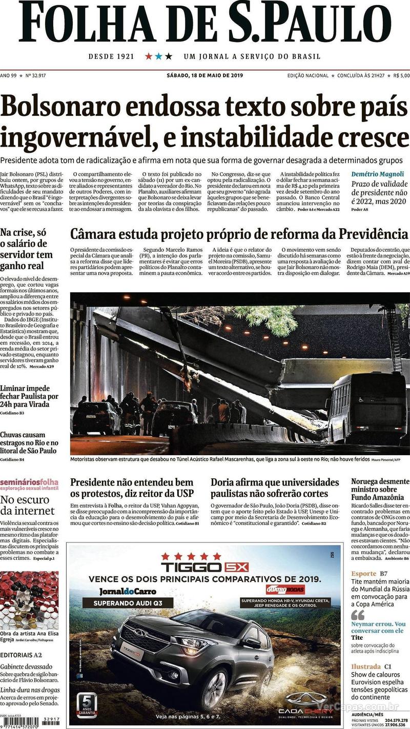Capa jornal Folha de S.Paulo 18/05/2019