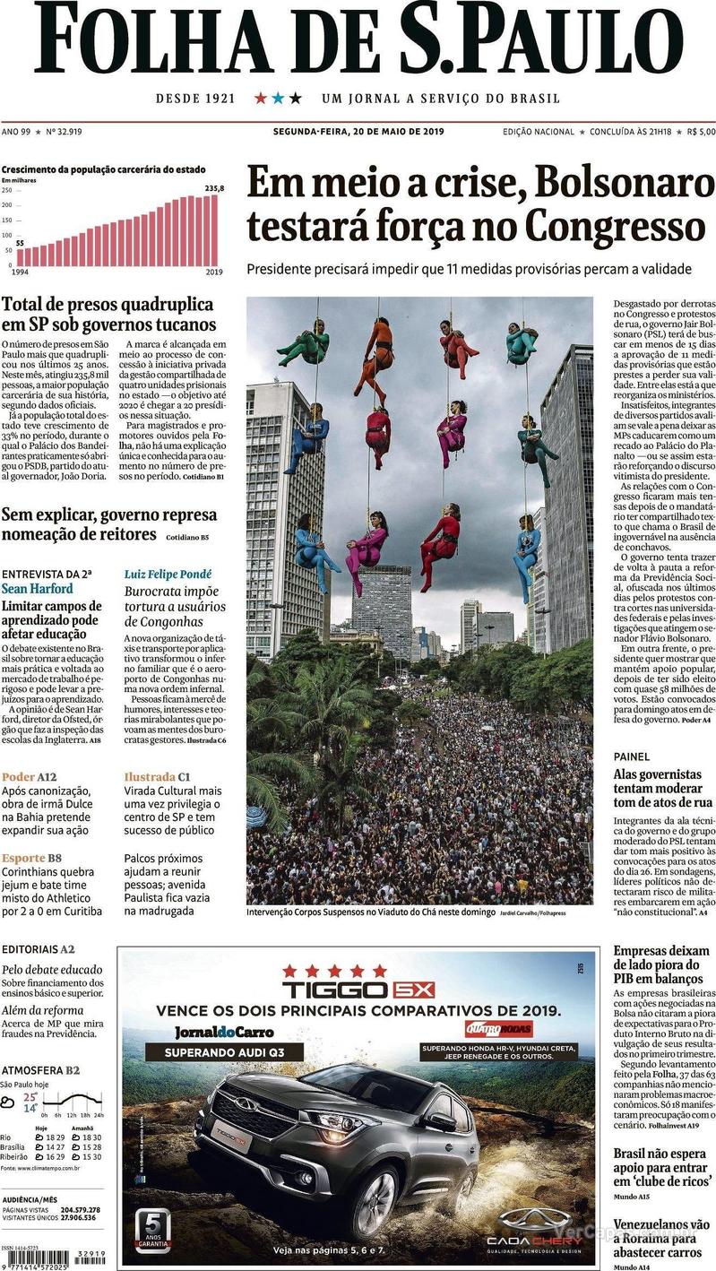 Capa jornal Folha de S.Paulo 20/05/2019