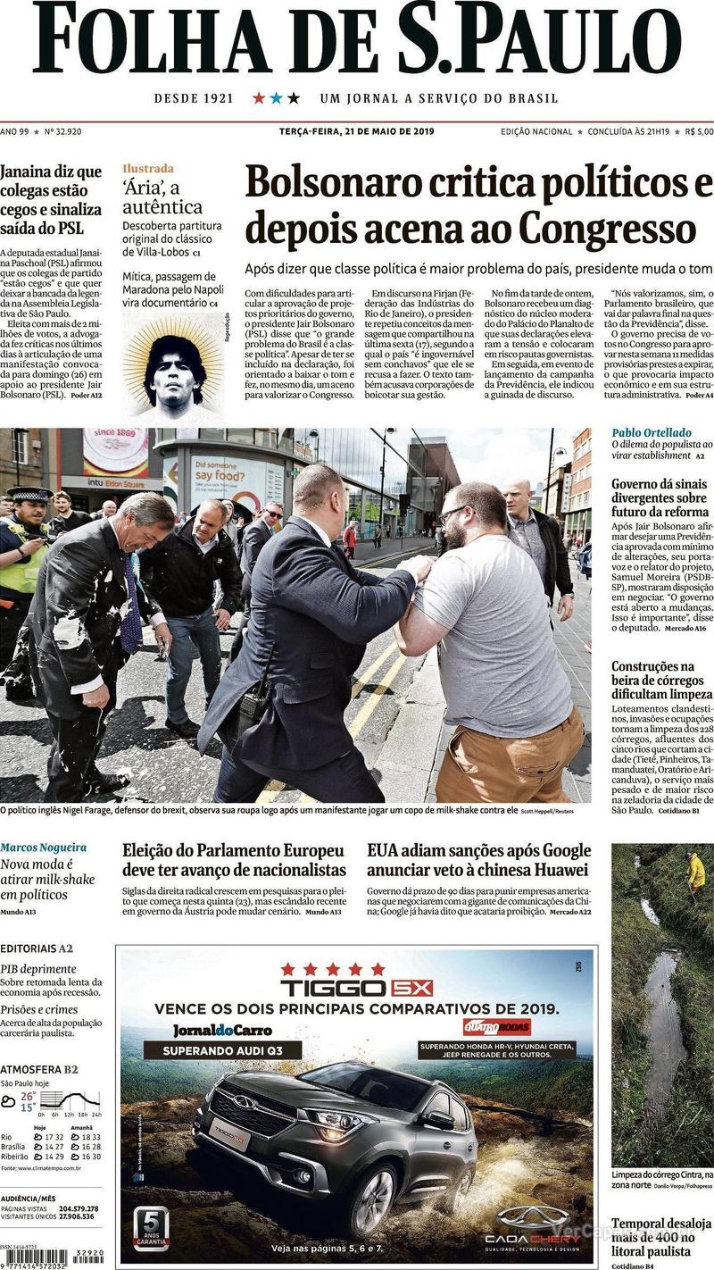 Capa jornal Folha de S.Paulo 21/05/2019