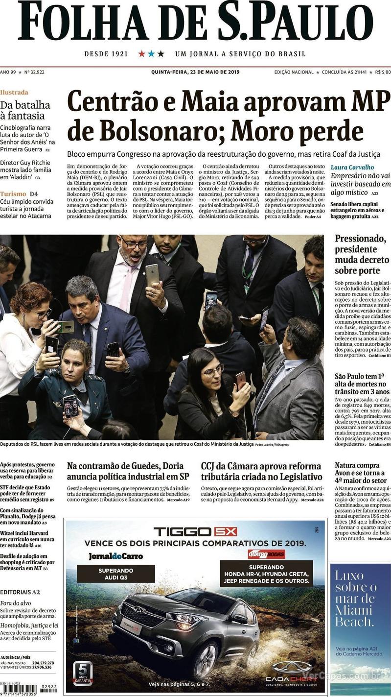 Capa jornal Folha de S.Paulo 23/05/2019