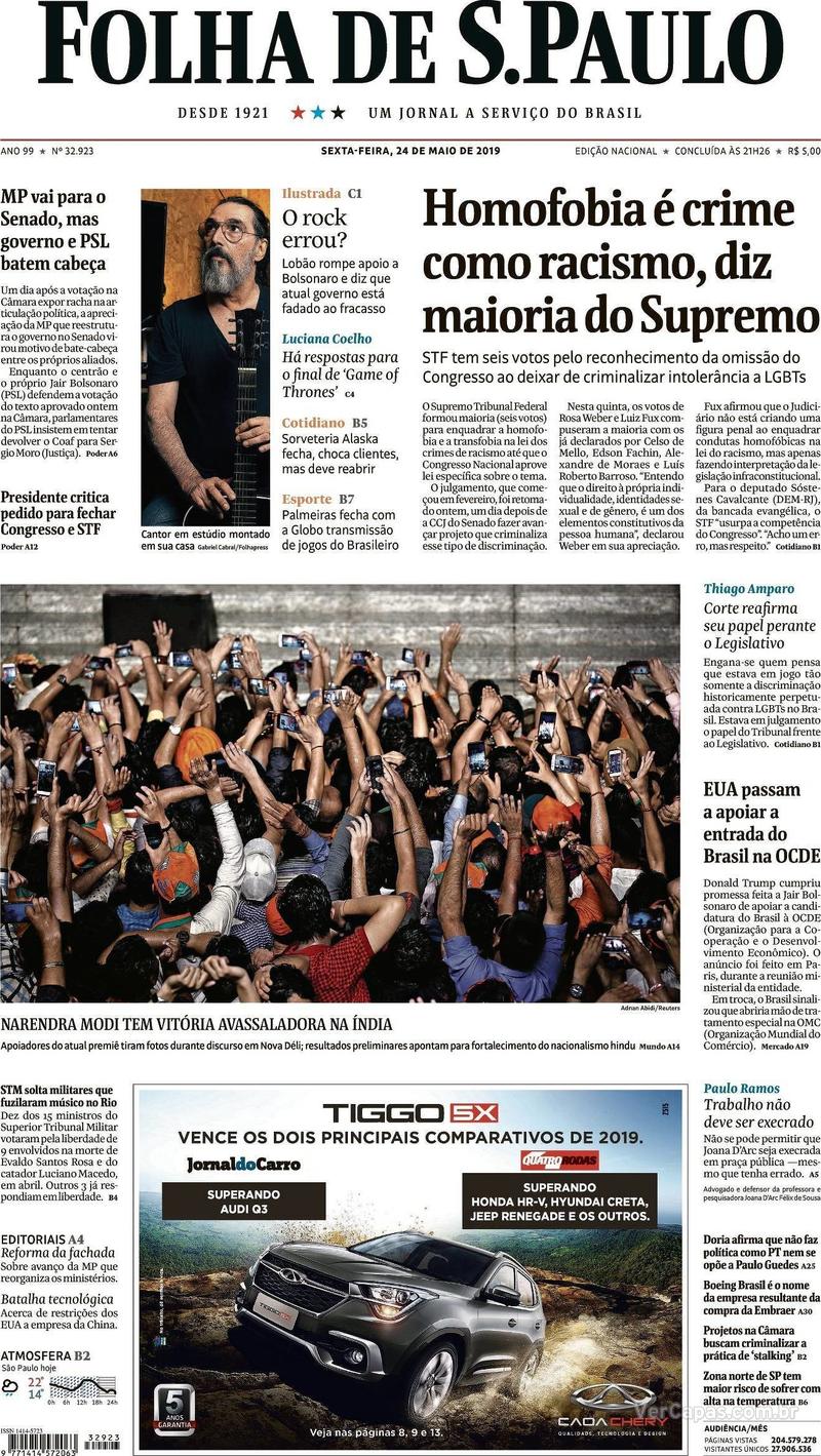 Capa jornal Folha de S.Paulo 24/05/2019