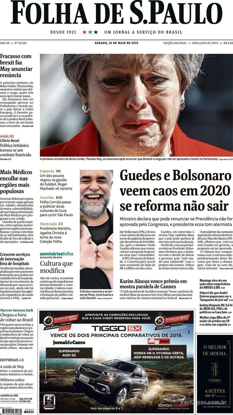 Capa jornal Folha de S.Paulo 25/05/2019