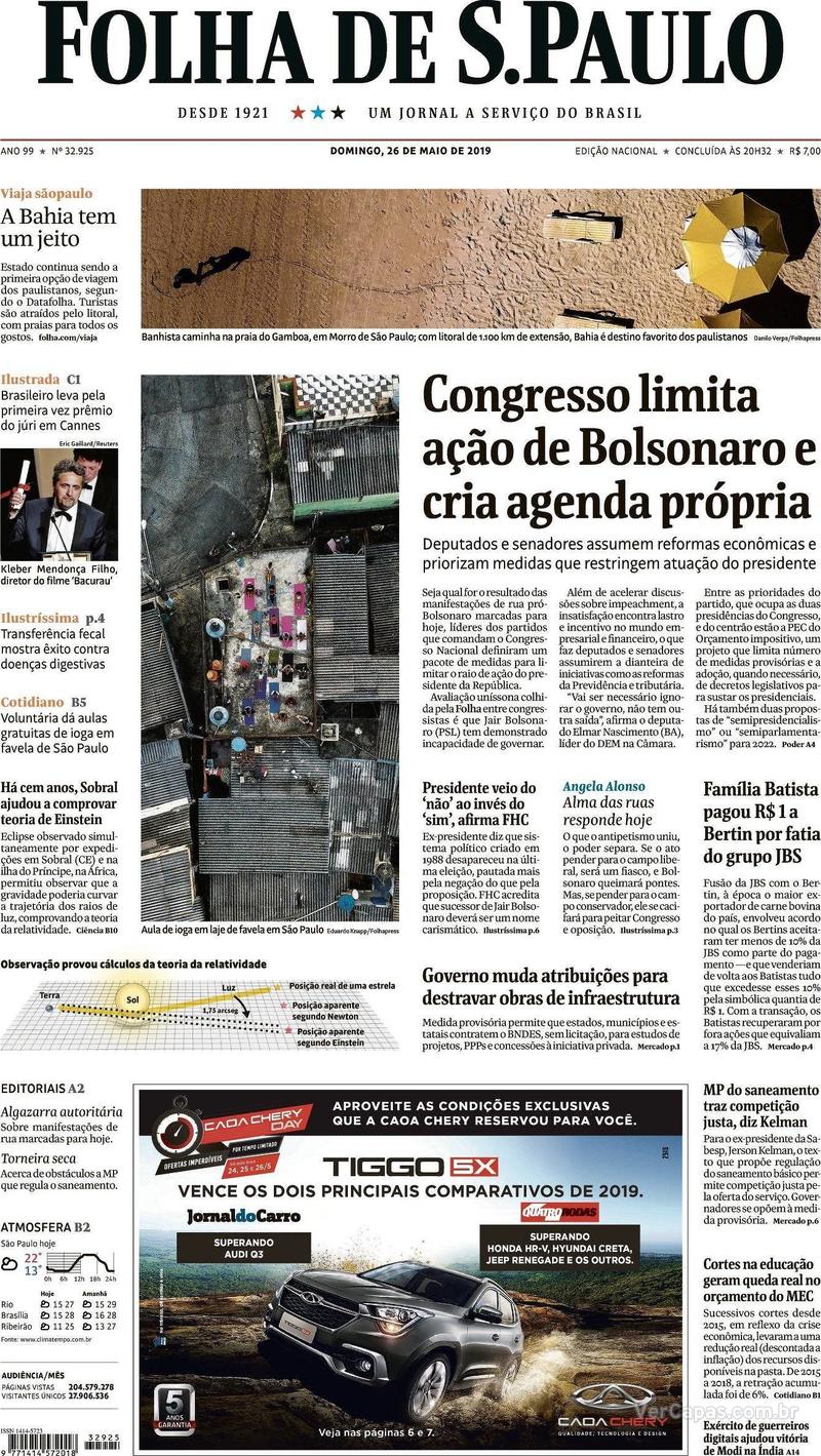 Capa jornal Folha de S.Paulo 26/05/2019