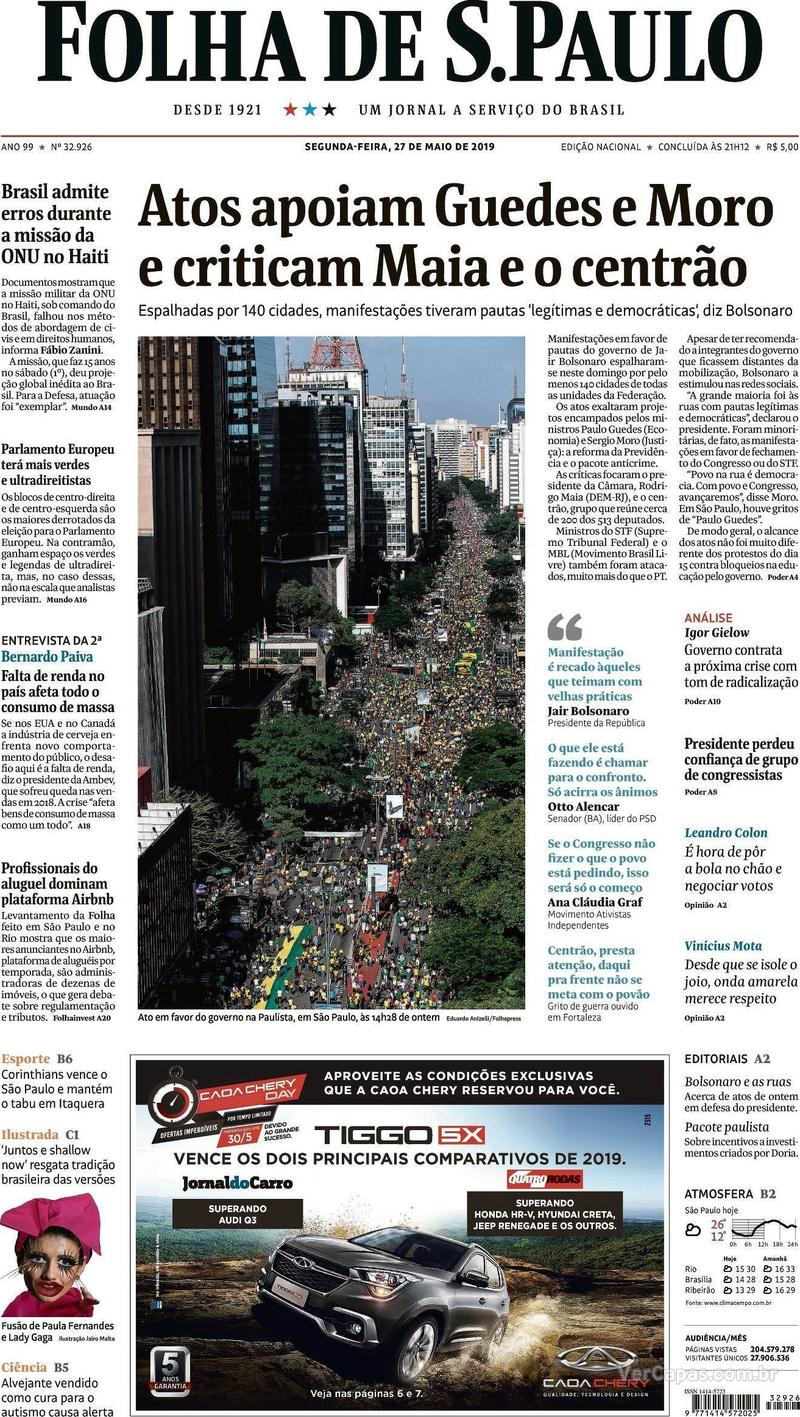 Capa jornal Folha de S.Paulo 27/05/2019