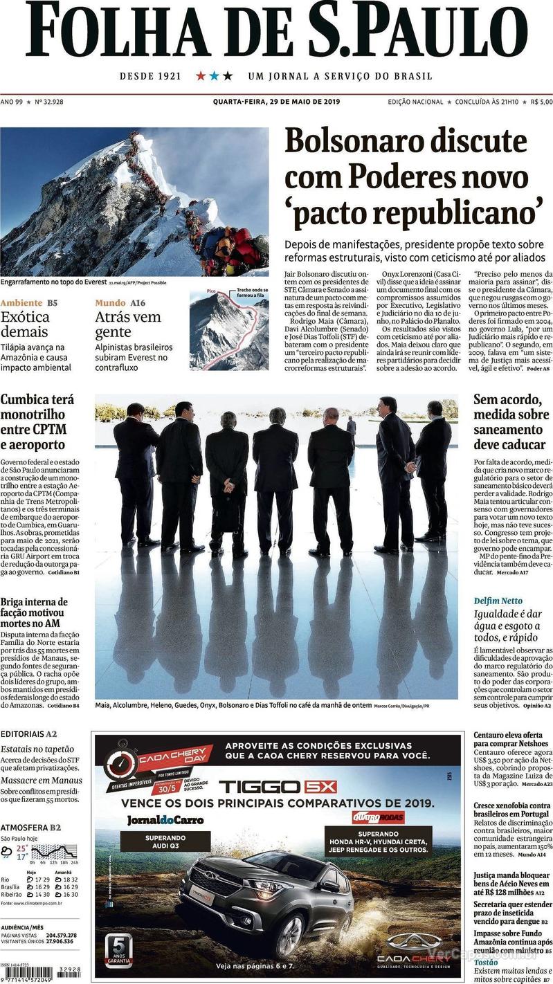 Capa jornal Folha de S.Paulo 29/05/2019