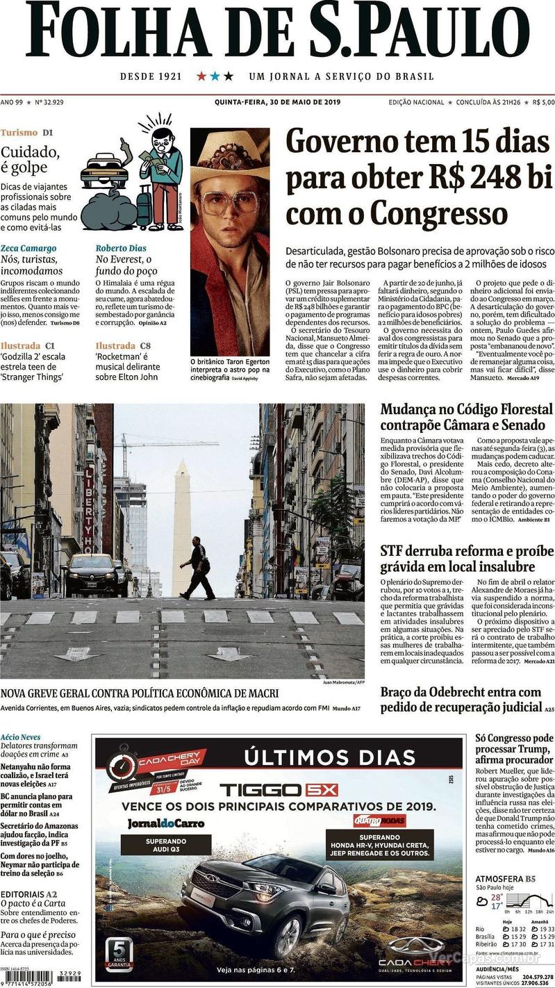 Capa jornal Folha de S.Paulo 30/05/2019