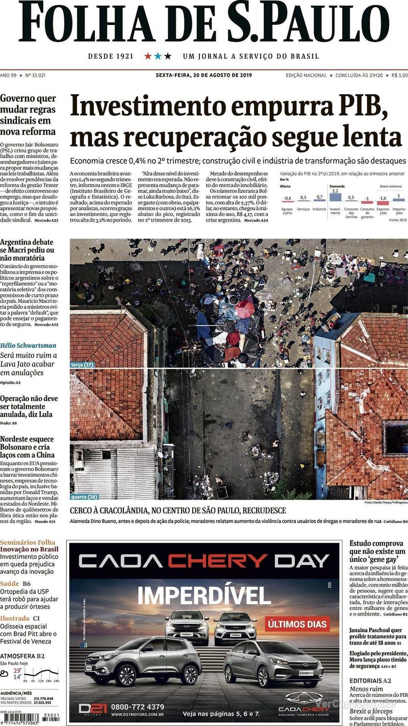 Capa Folha De Spaulo Edição Sexta30 De Agosto De 2019 4389