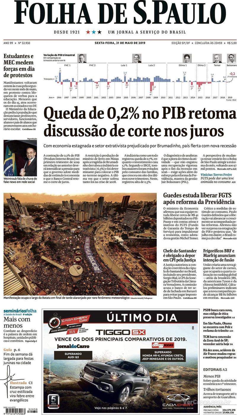 Capa jornal Folha de S.Paulo 31/05/2019