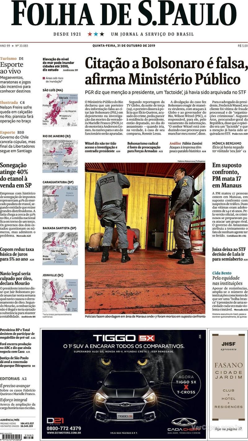 Capa do jornal Folha de S.Paulo 31/10/2019