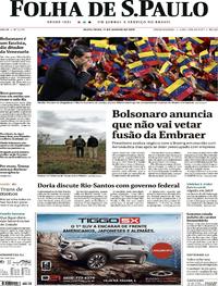 Capa do jornal Folha de S.Paulo 11/01/2019