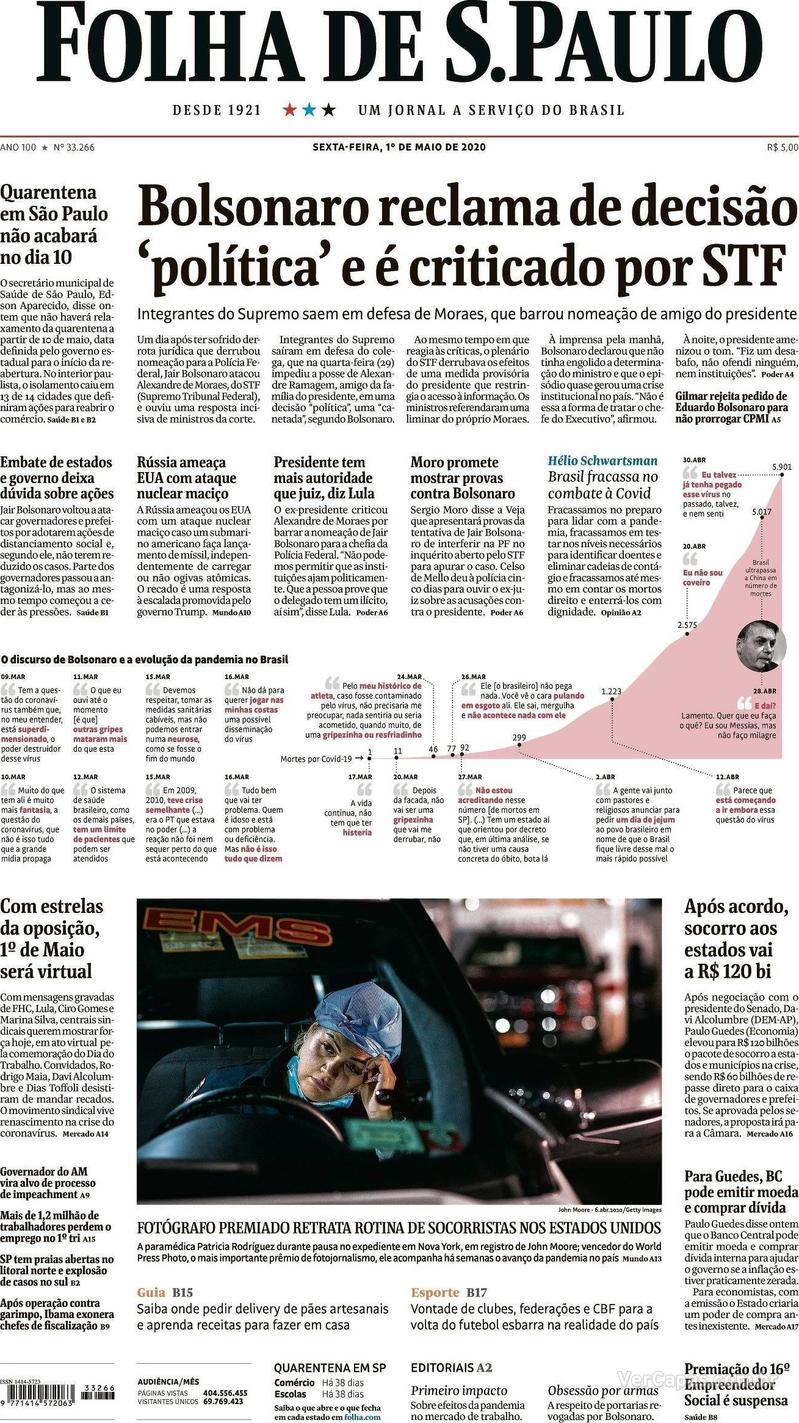 Capa do jornal Folha de S.Paulo 01/05/2020