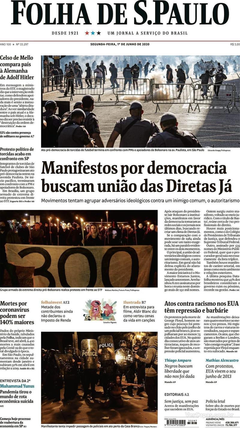 Capa do jornal Folha de S.Paulo 01/06/2020