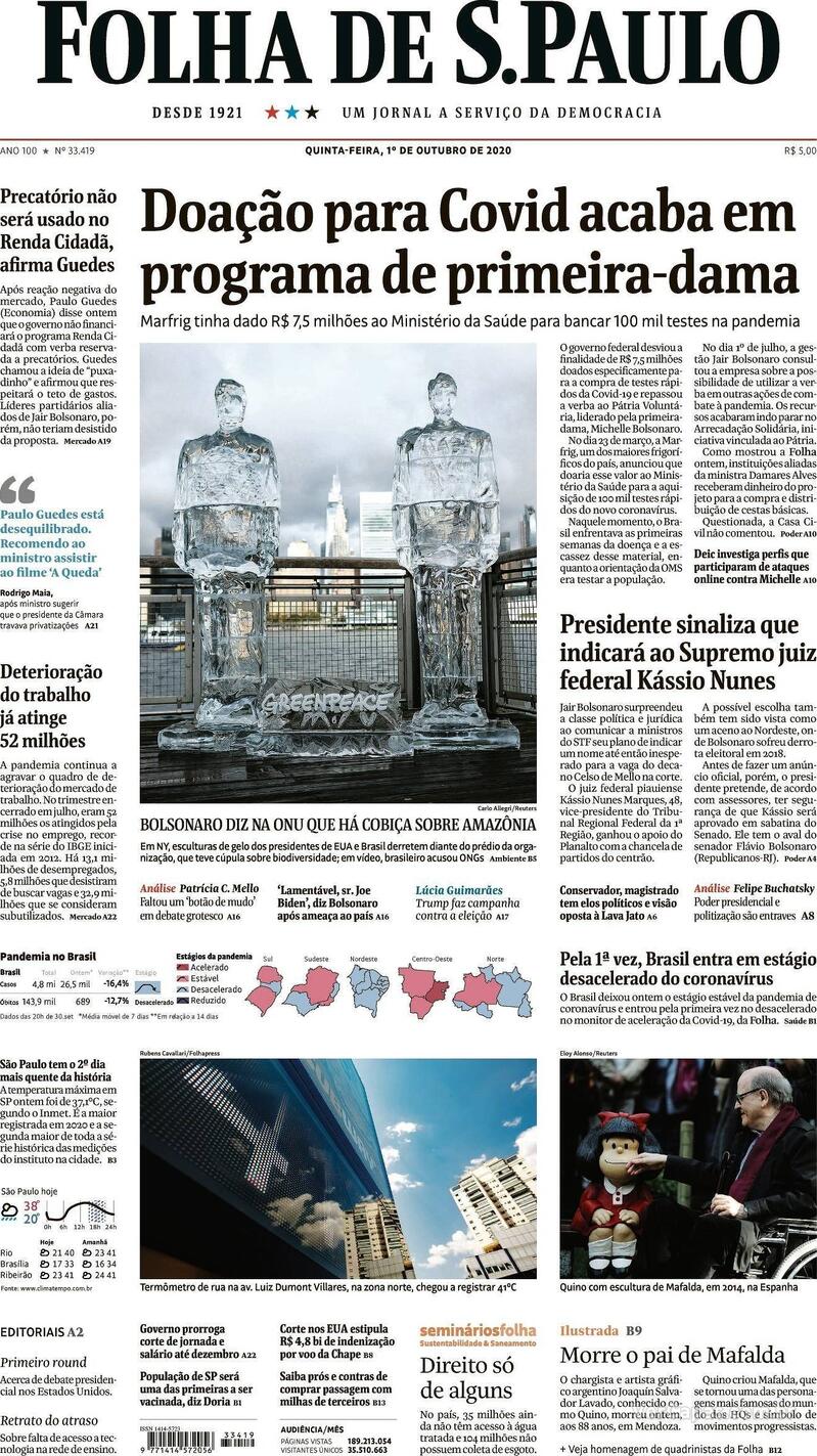 Capa do jornal Folha de S.Paulo 01/10/2020