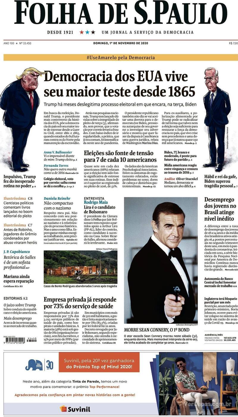Capa do jornal Folha de S.Paulo 01/11/2020