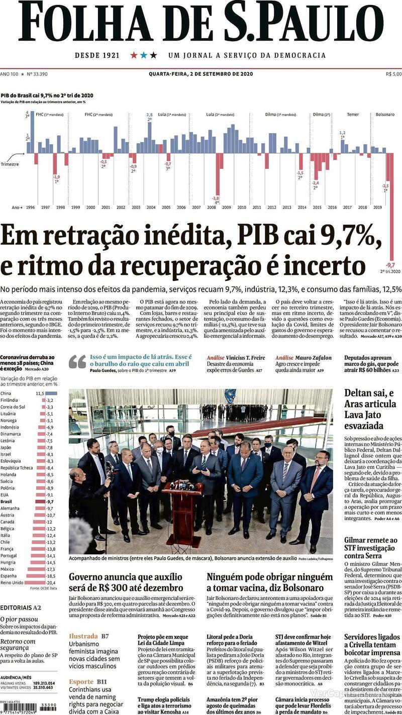 Capa do jornal Folha de S.Paulo 02/09/2020
