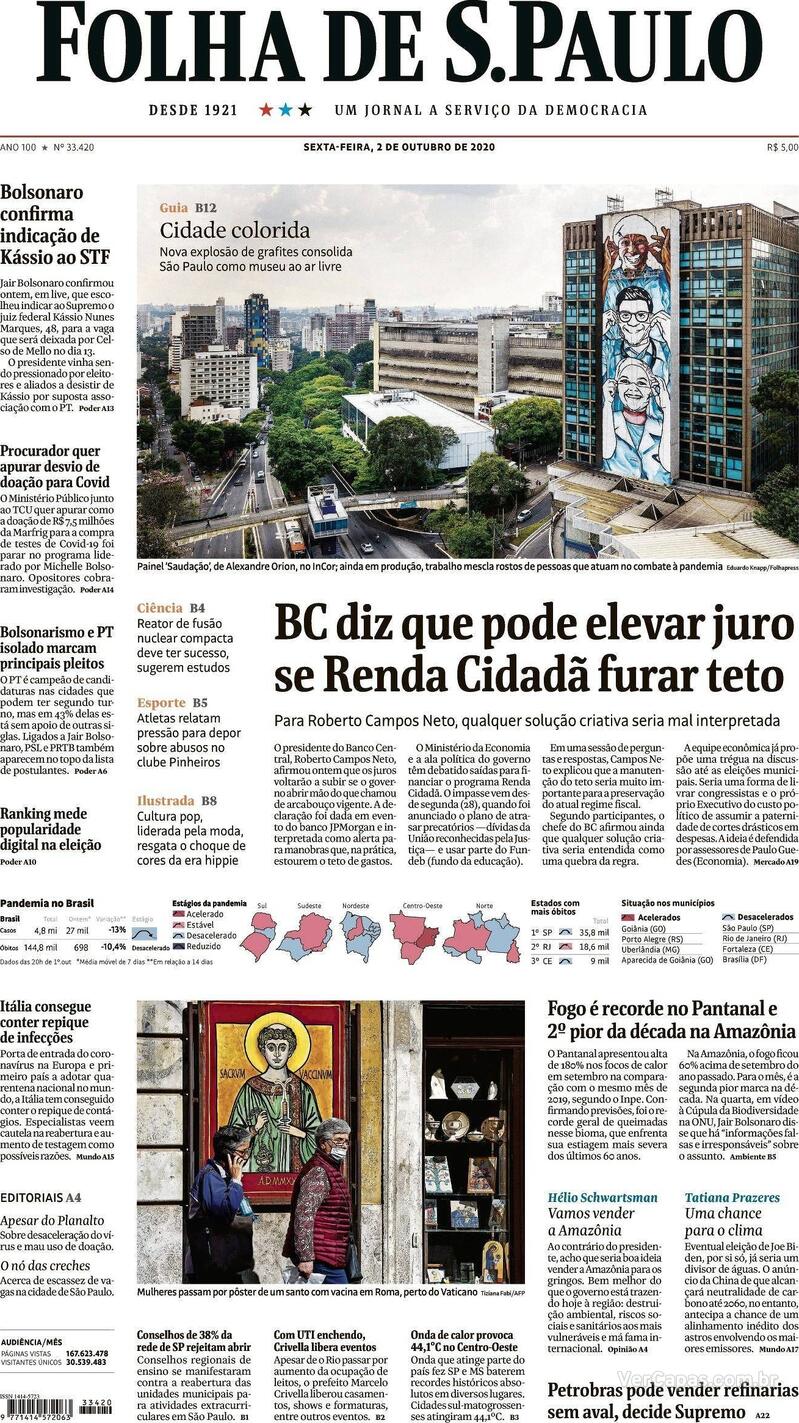 Capa do jornal Folha de S.Paulo 02/10/2020