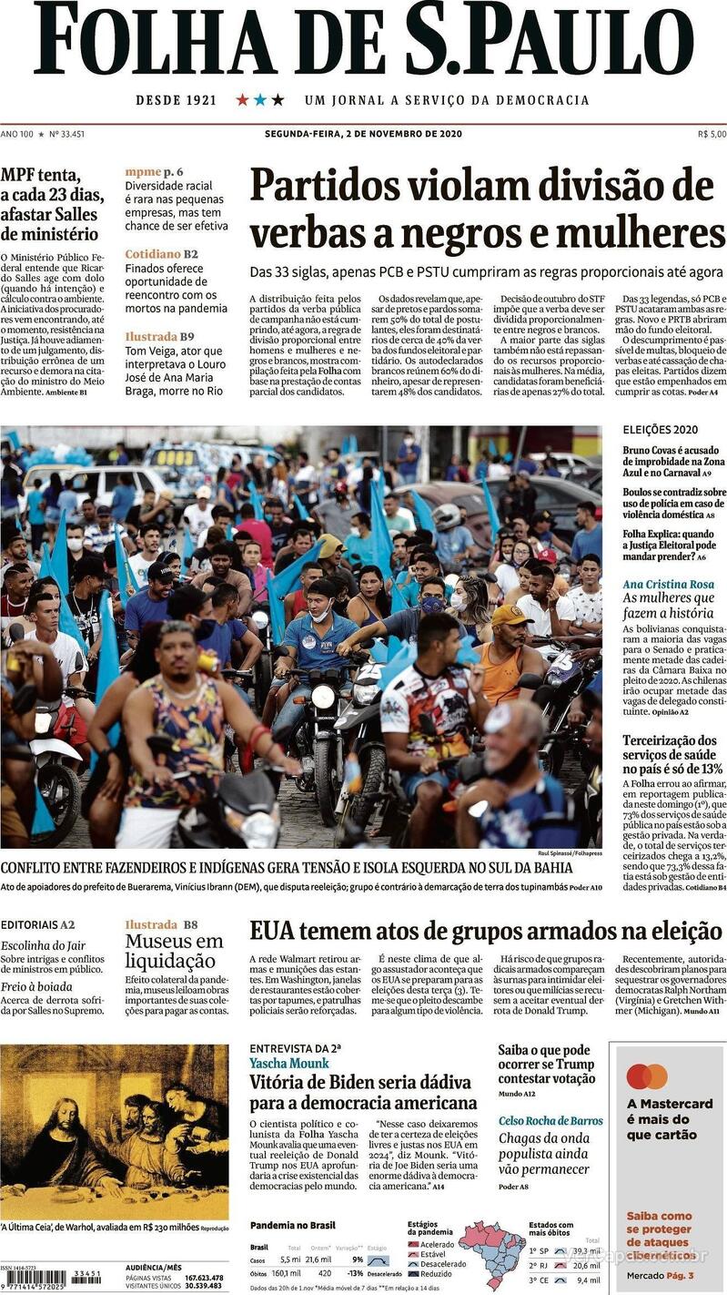 Capa do jornal Folha de S.Paulo 02/11/2020