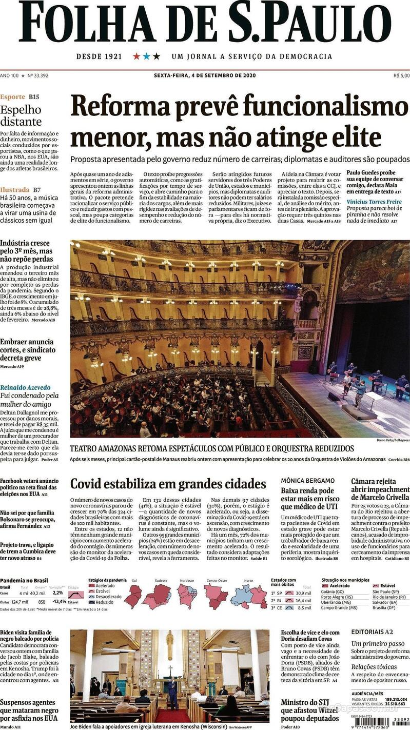 Capa do jornal Folha de S.Paulo 04/09/2020
