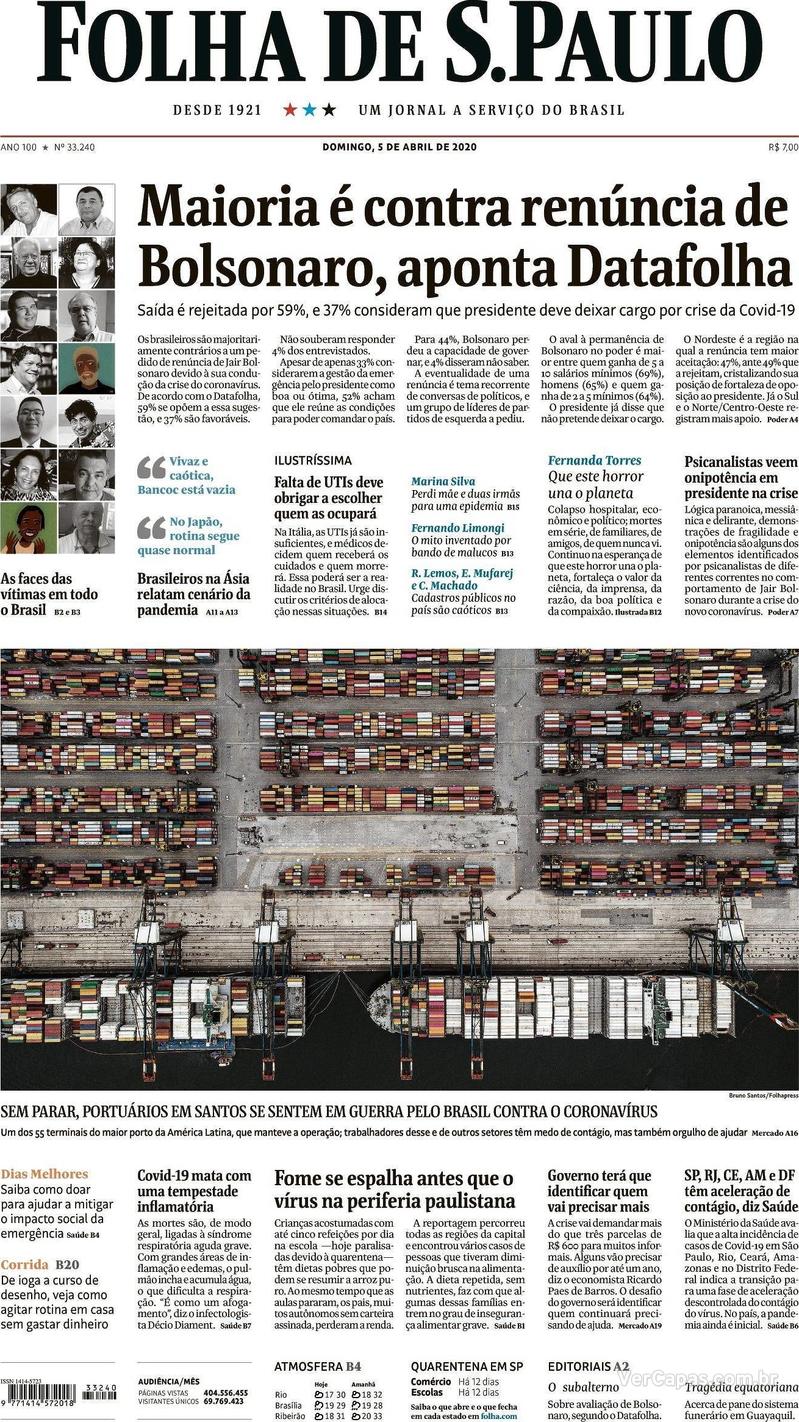 Capa do jornal Folha de S.Paulo 05/04/2020
