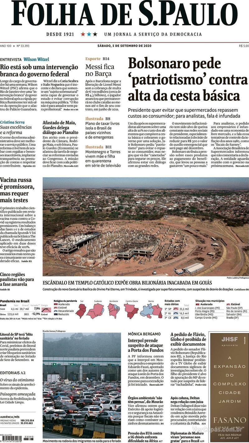Capa do jornal Folha de S.Paulo 05/09/2020