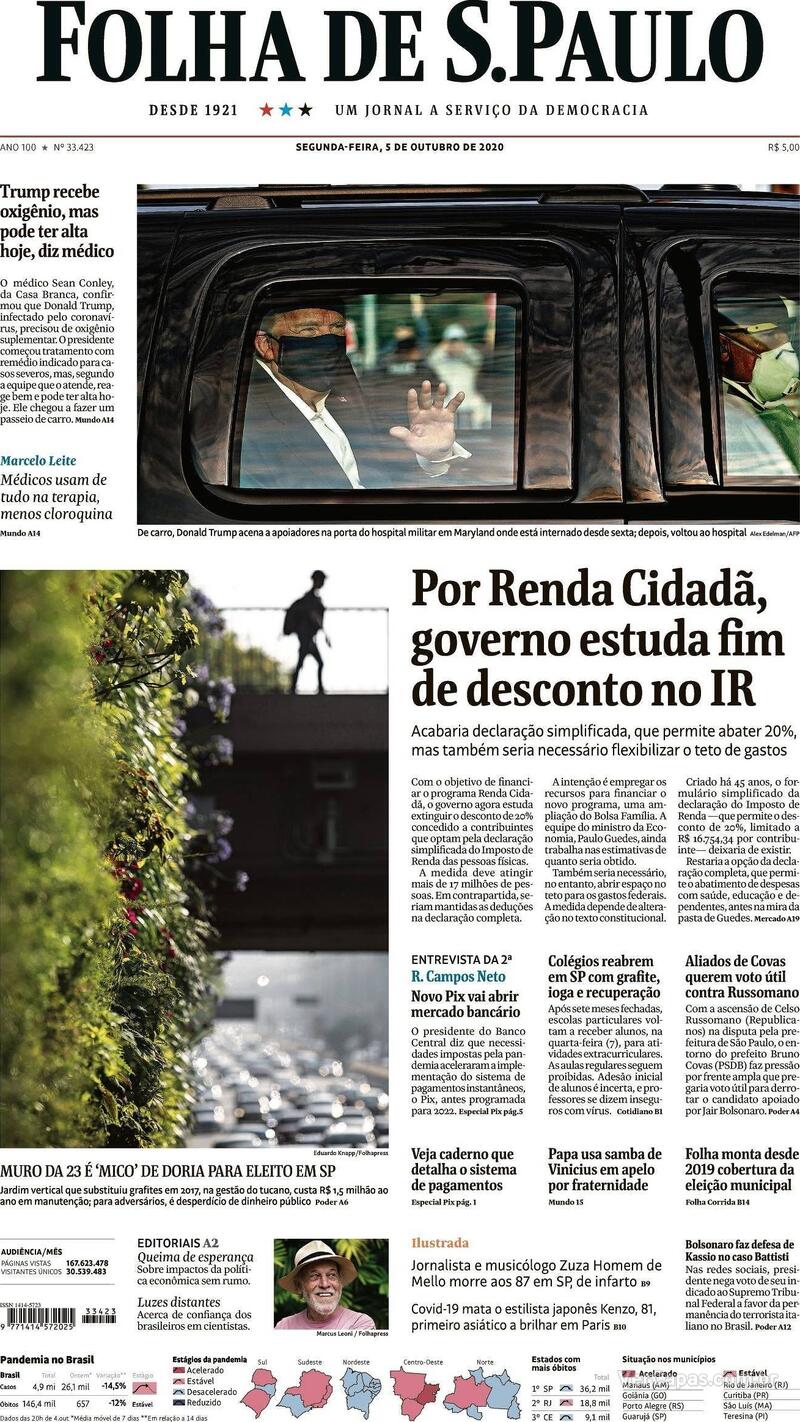 Capa do jornal Folha de S.Paulo 05/10/2020